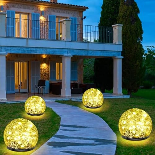 Keevvon Solar-Gartenleuchten, 4 Stück, 120 LEDs, warmweiß, rissiges Glas, Solar-Außenleuchten, dekorativ, verbesserte wasserdichte Kugelleuchten für Hof, Weg, Terrasse, Rasen, Weihnachten,