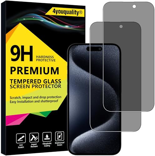 4youquality Privacy Screen Protector for iPhone 15 Pro (6.1-Inch), Anti Spy Tempered Glass Film, 2-Pack, [LifetimeSupport][Anti-Spy][Impact-Resistant][Anti-Scratch]