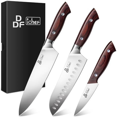 DDF iohEF Knife Set 3 Pieces, Sharp Kitchen Knife Set Professional Chef Knife Set for Kitchen Japanese Stainless Steel Cooking Knives with Ergonomic Pakkawood Handle