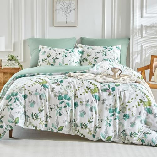 Tokokimo Bettbezugset für Kingsize-Bett, weiche Mikrofaser, 3-teilig, mit Kissenbezügen, 200 x 200 cm, Weiß mit blauem Blattmuster, Pflanzen