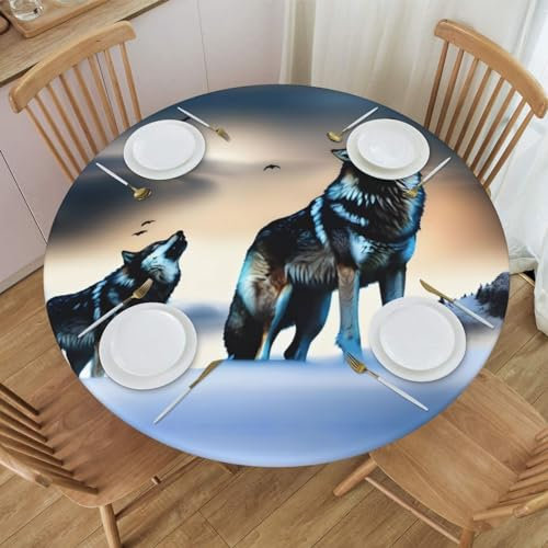 Runde Tischdecke mit Wölf-Motiv, wasserdicht und abwischbar, mit elastischen Kanten, geeignet zum Dekorieren von runden Tischen.