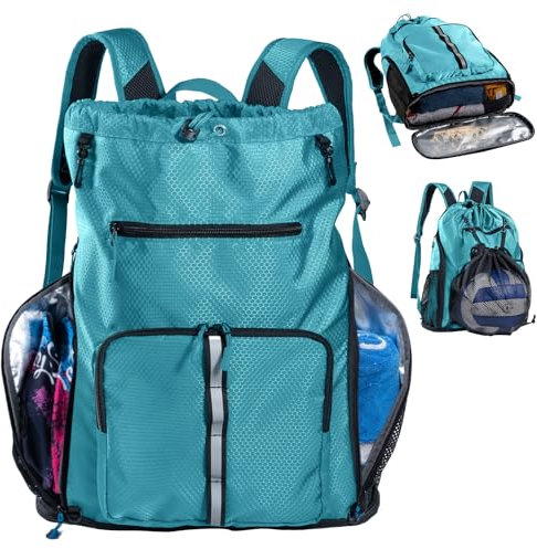 VIGEGARI Großer Strandrucksack, wasserdicht, sanddicht, übergroße Pooltasche mit Kordelzug und Schuhfach für Toilettenartikel, Handtuch, Blaugrün/Ein Hauch von Paradies (Trace of Paradise), Drawstring