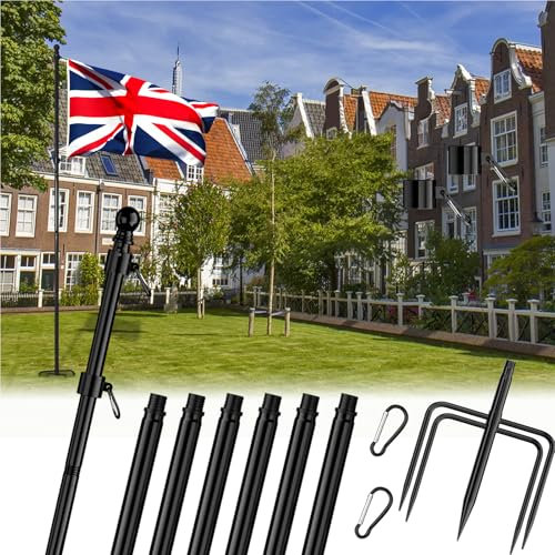FIASON Mástil de bandera de acero inoxidable de 9 pies sin enredos en el suelo con base de 5 puntas, postes de bandera para exteriores de casa, jardín, kit de postes de bandera (negro, sin bandera)
