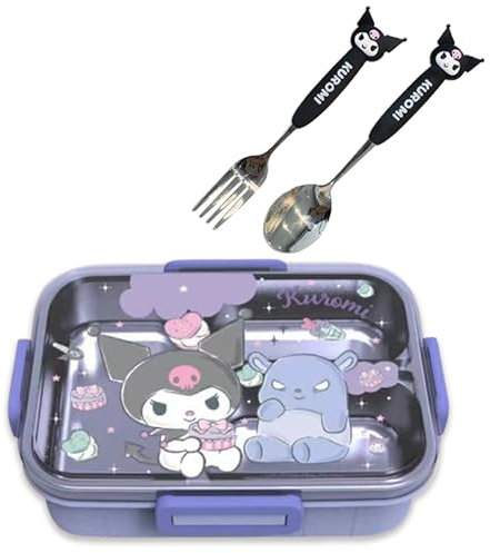 Roffatide Kuromi Imprimir una caja de almuerzo integrada con cuchara kawaii cerradura de 4 puntos para bocadillos de alimentos y frutas