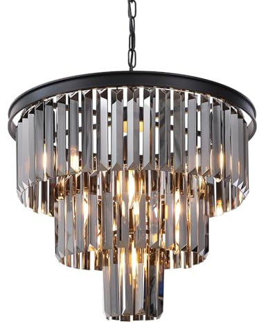 Wellmet 7-Licht Kristallleuchter Ø50cm Grau Kronleuchter Modern Kristall Pendelleuchte Esstisch Premium Deckenleuchte hängend Lüster Wohnzimmer Deckenlampe Hängeleuchte Glas Schlafzimmerlampe Rund
