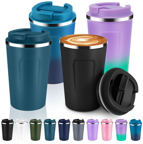 Volhoply 340ml 12oz Double Wall Insulated Vacuum Travel Coffee Mug with Flip Lid Bulk 4 Pack,Reusable Stainless Steel Leak Proof Coffee Cups,Cafe Thermal Tumbler for Cold Drinks(Assorted,4 Set)
