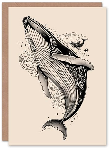 Artery8 Greeting Card Humpback Whale with Tribal Patterns Tattoo Style Blank For Him Or Her Art Birthday Card
