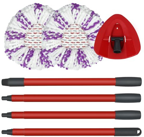 DLAIMI Mop Combo Set 2 PCS Mop Head Replacement Microfiber+1 PC Red Spin Mop Head Base+1PC 4-Section Mop Handle Compatible with Vileda Turbo 3-in-1 Spin Mop Refill Mop Head