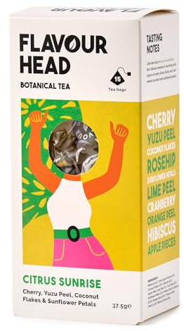Flavour Head I Citrus Sunrise I Cherry, Yuzu Peel, Coconut Flakes & Sunflower Petals Tea I 15 Tea Bags, 37.5g