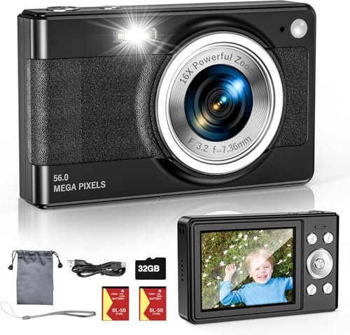 Upgrade Digital Camera, 56MP FHD 1080P 16X Kids Digital Zoom Camera, 32GB TF Card, Portable Mini Camera with 2 Batteries, Lanyard, Compact Small Camera for Kids Boys Girls(Black)