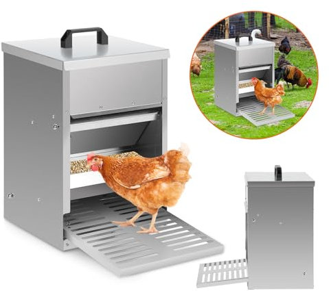Peviasot Futterautomat Hühner, 5kg verzinkt Futterspender für Hühner mit Trittplatte, Deckel, Wasserdicht Futtertrog, Rattensicher Futterspender Hühner Geflügeltränke Futterautomat