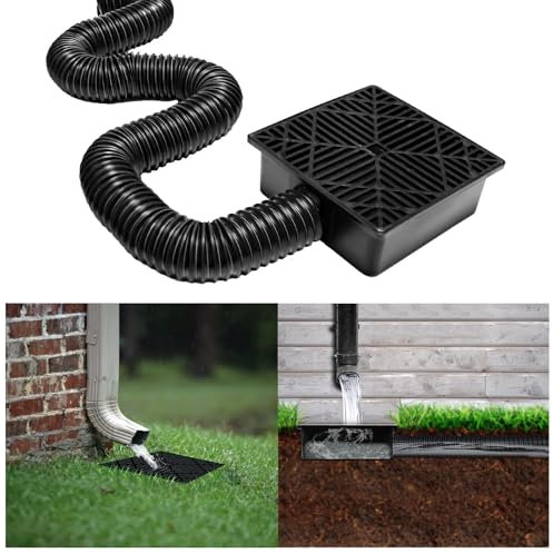 Rain Gutter Downspout Extensions, Flexible Catch Basin Downspout, PVC Rain Spout Extender for Cement Floor and Lawn, No Dig Low Profile Catch Basin Downspout Black