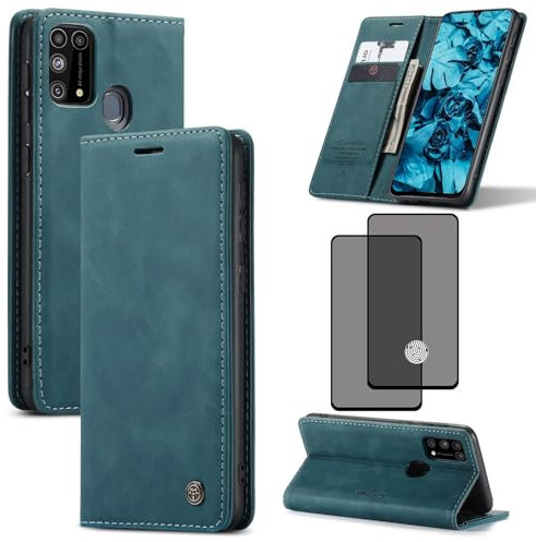 ZKGCG Kompatibel mit Samsung Galaxy M31 Handyhülle[Blau]+3D Tempered Glass/Leder Schutzhülle Wallet Klapphülle RFID Kartenfach Hülle Stoßfeste Bumper Ständer Phone Case Cover-2020