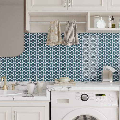 CRE8TIVE Blaugrün Fliesenaufkleber Rund Klebefliesen Küche Selbstklebende Fliesen Mosaikfliesen 4 Stücke 30.5 x 30.5cm Blau Fliesenaufkleber Bad Wasserfest Küchenrückwand Folie Modern Kamin Waschküche