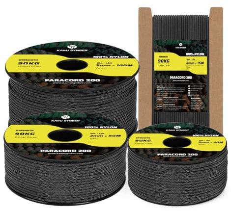 Kamu Synber Paracord 2mm 30M Seil 100% Nylon Schnur mit 3 Kern Reißfeste Typ I für Basteln, Outdoor, DIY, Camping | Tragkraft 90kg | Schwarz