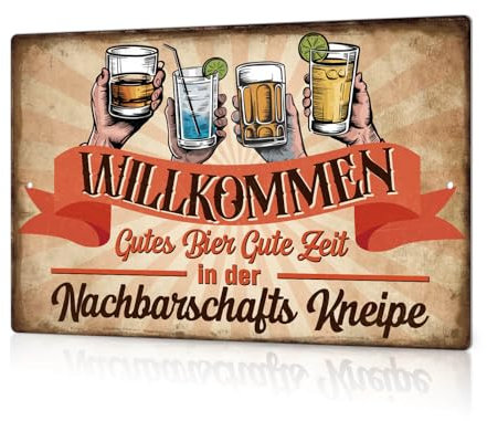 Putuo Decor Metall Blechschild – „Willkommen in der Nachbarschafts-Kneipe“ Vintage Bar Deko für Hausbar und Partykeller, 30x20cm