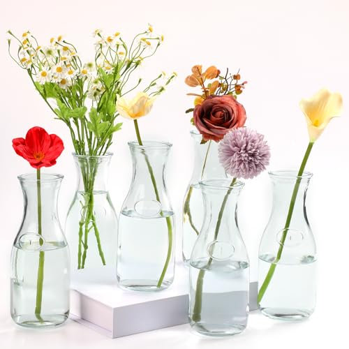 Ninehaoou 6 Pcs Milk Bottle Flower Vases 8 Milk Glass Vase Clear Vintage Bottles Small Bud Floral Vase Centerpiece for Centerpieces, Home, Office, Dinning Table, Wedding Reception