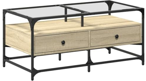 Eleganz Couchtisch mit Glasplatte Sonoma-Eiche 98,5x50x45 cm - Moderner Wohnzimmertisch aus Holzwerkstoffen, Stahl und Glas - Stilvoll & Langlebig