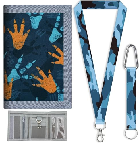 KASESSS Porte Monnaie Enfant, Cartoon Portefeuille Ado Garcon, Pliable Porte Feuille Ado Garçons, Portefeuilles Enfant avec Cordon, Motif Empreintes de Dinosaures, Cadeau Anniversaire Rentree Scolaire