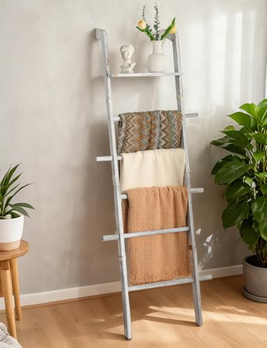 ZUNTO 67in Wood Towel Ladder with Top Shelf, Wall Leaning White Blanket Ladder with Hooks for Display, 5 Tier Rustic Farmhouse Throw Rack Holder for Bathroom, Living Room