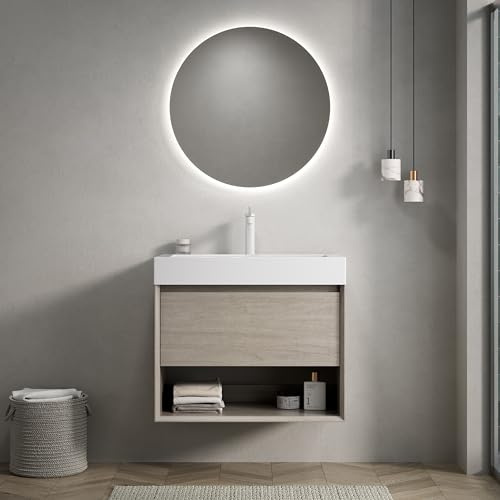 boorbin 70cm Wandmontie Badezimmer-Waschtisch mit weißem Rechteckigem Resin-Integralbecken, Sperrholz Schrank mit eine Schublade und EIN Offenes Regal, Vormontiert (Eiche Hell Holzmaserung Farbe -2)