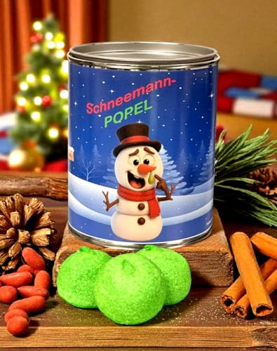 Schneemann Popel aus der Dose – 150 g fluffige Marshmallow Klößchen mit Humor Faktor Scherzartikel Lustige Geschenkidee Party-Brüller Spaßgeschenk Wichteln Wichtelgeschenk