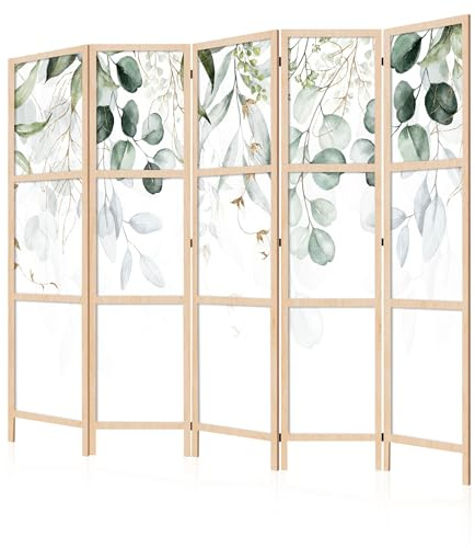 LUMASOUL Japanische Trennwand Paravent Raumteiler 225x172 cm Blätter | 5 teilig Dekorativ, Shoji-Stil, faltbar, freistehend, als Sichtschutz für Wohnräume
