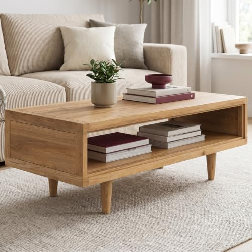 skølm Eivind Couchtisch Eiche massiv, mit Ablagefach, lackierte Oberfläche | Hochwertiger Sofatisch 110x50x40 cm, stabile Tischbeine & Tischrahmen, Wohnzimmertisch, Kaffeetisch, Loungetisch, Wohnmöbel