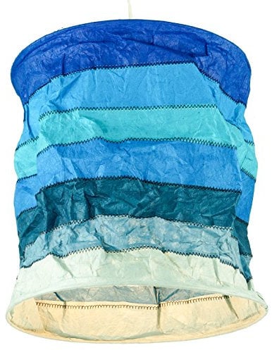 GURU SHOP Runde Papier Hängelampe, Lokta Papierlampenschirm Annapurna Stripes, Handgeschöpftes Papier - Blau Gestreift, 30x28x28 cm
