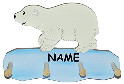 alles-meine.de GmbH große Garderobe - süßer Eisbär - incl. Name - Holz mit 4 Haken - große stabile Wandgarderobe Garderobenhaken/Kindergarderobe - Bären Teddy Bär - Wandgar..