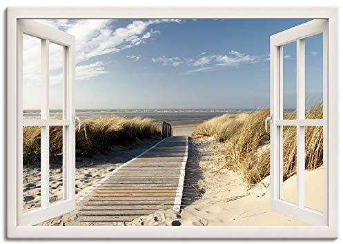 ARTLAND Wanddeko Leinwand Bilder Wandbild 100x70 cm Fensterblick Fenster Strand Meer Maritim Düne Leuchtturm Nordsee Langeoog T5RQ