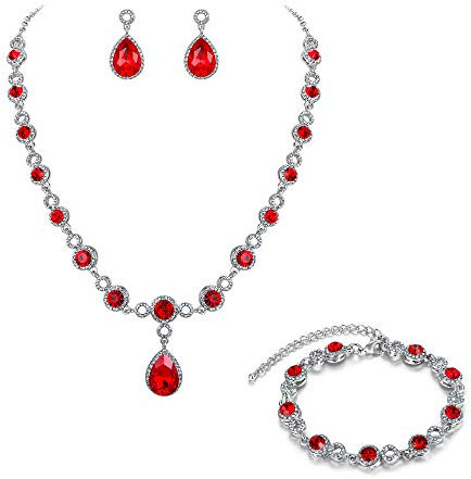 Clearine Damen Schmuckset Mode Hochzeit Braut Rund Tropfen Kristall Anhänger Halskette Dangle Ohrringe Amrkette Schmuck Set Silber-Ton Rubin Rot