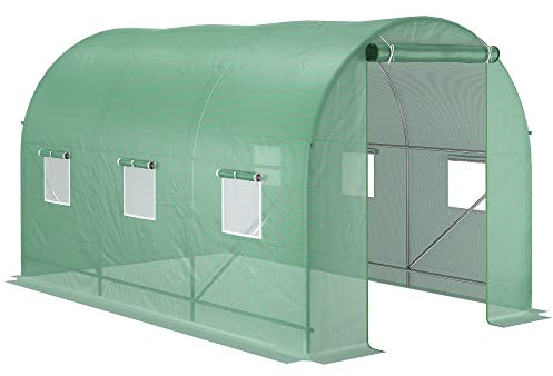 Outsunny Serre de Jardin Tunnel Surface Sol 7m² 3,5L x 2l x 2H m châssis Tubulaire renforcé Porte zippée 6 fenêtres enroulables Vert