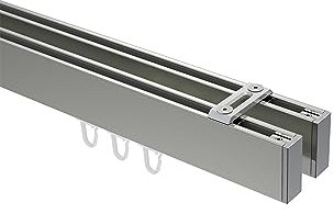 Interdeco eckige Innenlauf-Gardinenstangen (Deckenbefestigung) Edelstahl Optik/Chrom 2-läufig Typ 10212817, 200 cm