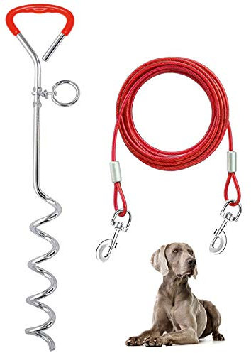Supet Set Câbles et Piquets d'attache pour Chien en Acier Inoxydable pour Exterieur Jardin Cour (10 m, Rouge)