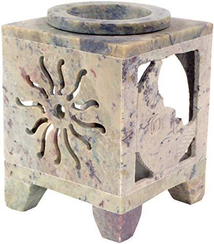 GURU SHOP Indische Duftlampe, ätherisches Öl Diffusor, Teelicht Halter für Aromatherapie, Aromalampe aus Speckstein - Würfel Sonne & Mond, Creme-weiß, 8x6x6 cm, Duftlampen & Öllampen