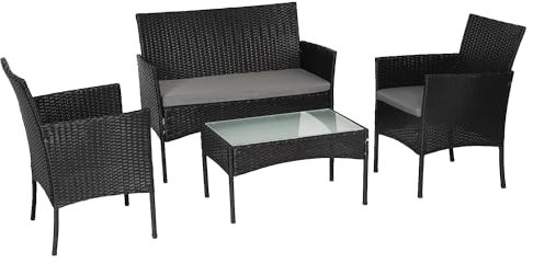 BENEFFITO Tulum - Salon de Jardin en résine tressée 4 Places: 1 canapé, 2 fauteuils, 1 Table Basse - Coussins déperlants et déhoussables avec Fermeture éclair - Noir/Gris