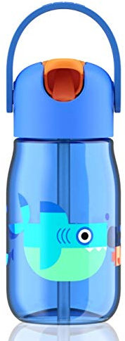 Zoku Flip Straw Kids Bottle - Blue Sharks, 400ml / Reusable BPA Free Eco Friendly Plastic Children Child Boy Girl Infant Junior School Cool Water Juice Flask Sipper Cup Safe Drink Non Leak Spill