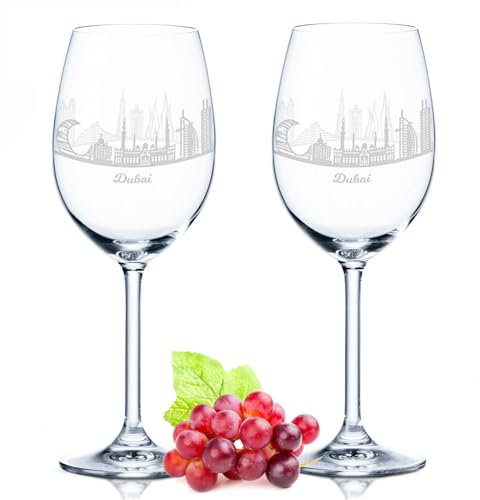GRAVURZEILE Leonardo Weingläser mit Gravur - Skyline Dubai im Set - Hochwertige 360° Lasergravur - schönes Geschenk als Andenken, Souvenir oder für Sammler & Weingenießer zum Geburtstag
