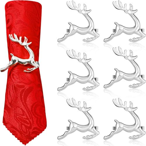 WILLBOND Hirsch Serviettenringe Weihnachten Serviettenringe Halter Rentier Servietten Schnalle für Weihnachtsessen Partys, Hochzeit Schmuck, Tischdekoration Zubehör (Silber, 6 Stücke)