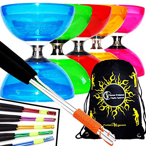 Juggle Dream Diabolo Set Cyclone Quartz II (6 Couleurs) - Pro Triple Roulement Diabolo + Diablo Baguettes en Aluminum et Ficelle + Flames N Games Sac de Transport. (Rose)