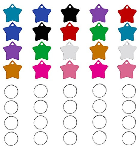 HACRAHO Haustier-ID-Marke, 20 Stück, Aluminium, personalisierbar, bunt, doppelseitig, blanko, Hundemarken mit 20 Schlüsselringen, Sternform
