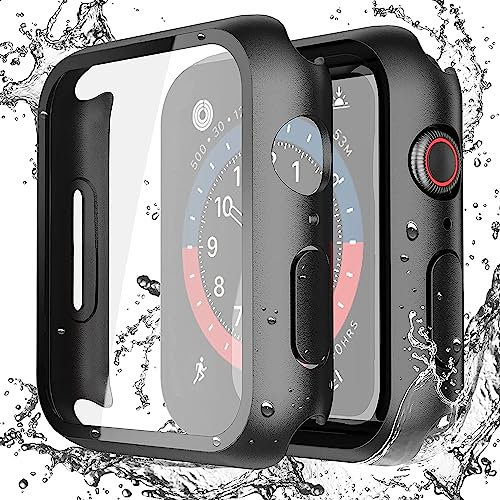 Misxi Custodia rigida impermeabile nera con vetro temperato, compatibile con Apple Watch SE 2 (2024) SE Serie 6, Serie 5, Serie 4, 44 mm, ultra sottile, per protezione schermo iWatch, confezione da 2
