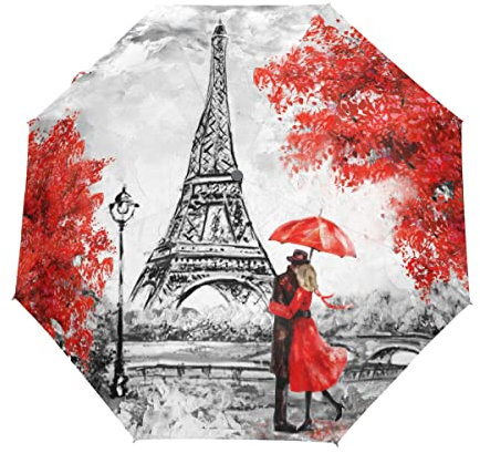 Ölgemälde Paris Rot und Grau Romantisches Paar Auto Öffnen Schließen Faltbarer Regenschirm für Regen, Ölgemälde Paris, Einheitsgröße