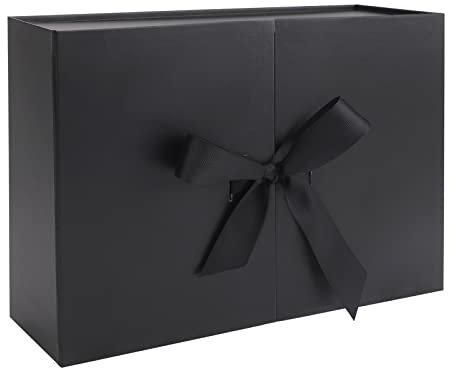 Geschenkbox mit Deckel,Faltbare Geschenkbox mit Schleife Große Geschenkkarton mit Band Wiederverwendbare Dekorative Box Dekorative Leckerli-Boxen mit Deckel für Geburtstage 26,5 x 19 x 8 cm (Black)