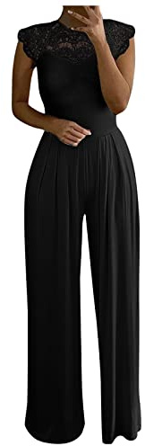 Graceyo Jumpsuit Damen Elegante, Spitze Spleißen Festlich Hochzeit Damen Lang Weites Bein Hosen Hohe Taillen Elegant Einteiler Overall Frauen Blumenspitze Business Party Breites Bein Hosenanzug