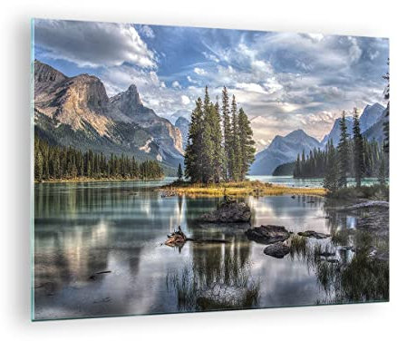 Moderne Impression sur Verre Lac Paysage Nature Image Tableau en Verre Decoration Murale 70x50cm Deco Cadre Salon Chambre Cuisine Horizontal Petit Tableaux Decoratifs Muraux Art Wall GAA70x50-4133