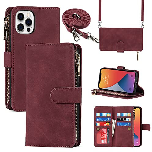 CAVOR Handykette Handyhülle kompatibel mit iPhone 12 Pro Max Hülle Mit Band,Flip Leder Geldbörse Hülle Mit Kette,[9 Kartenfach][Doppelte Schnalle],Umhängeband Handytasche Für iPhone 12 Pro Max - Rot