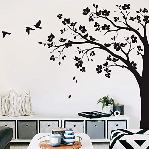 Große Ecke Baum Wandaufkleber Wandtattoo mit großen Blüten, Vögel und Blätter Kinderzimmer Wandkunst Aufkleber Wandbild 087 (Äste nach links, Alles in Schwarz)