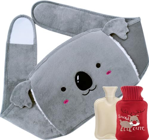 Wärmflasche mit 2 Weichem bezug, wärmflaschengürtel, 3 in 1 Bettflasche, Warm Hot Water Bottle, Warme Hände, Füße, Schulter, Nacken, Abdomen,Taille, 1 Liter (Rot-Rentiere)